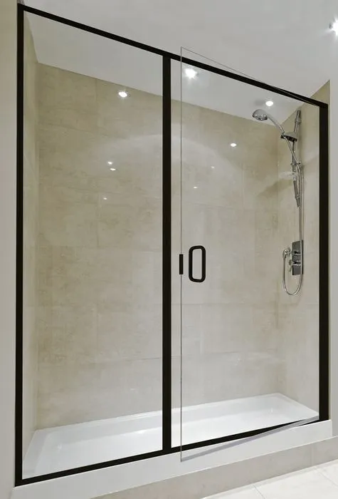 Frameless glass shower door restored to clarity in a modern bathroom