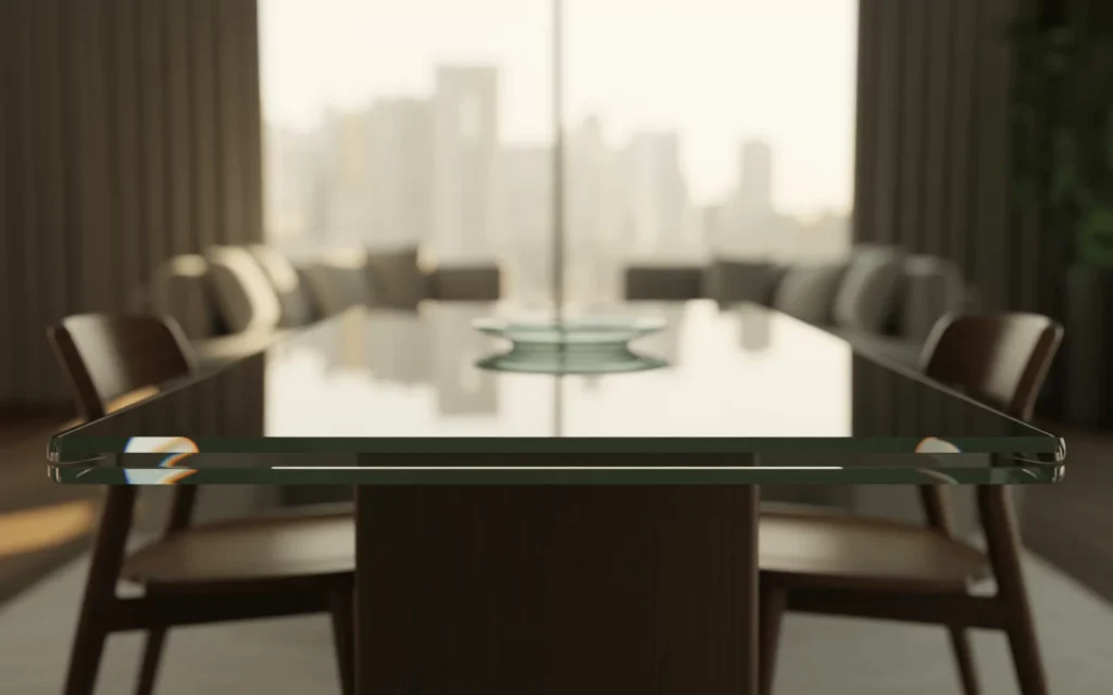 Thick clear glass dining tabletop reflecting a city skyline through a window